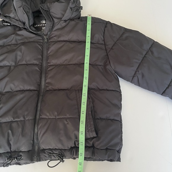 Aeropostale Cropped Puffer Jacket Womens XS Black Hooded Y2K Style Winter Coat - Picture 9 of 12